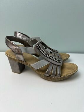 Rieker Slingback Sandals Metallic Gray Heels Beaded Elastic Stretch Sz 40 US 9